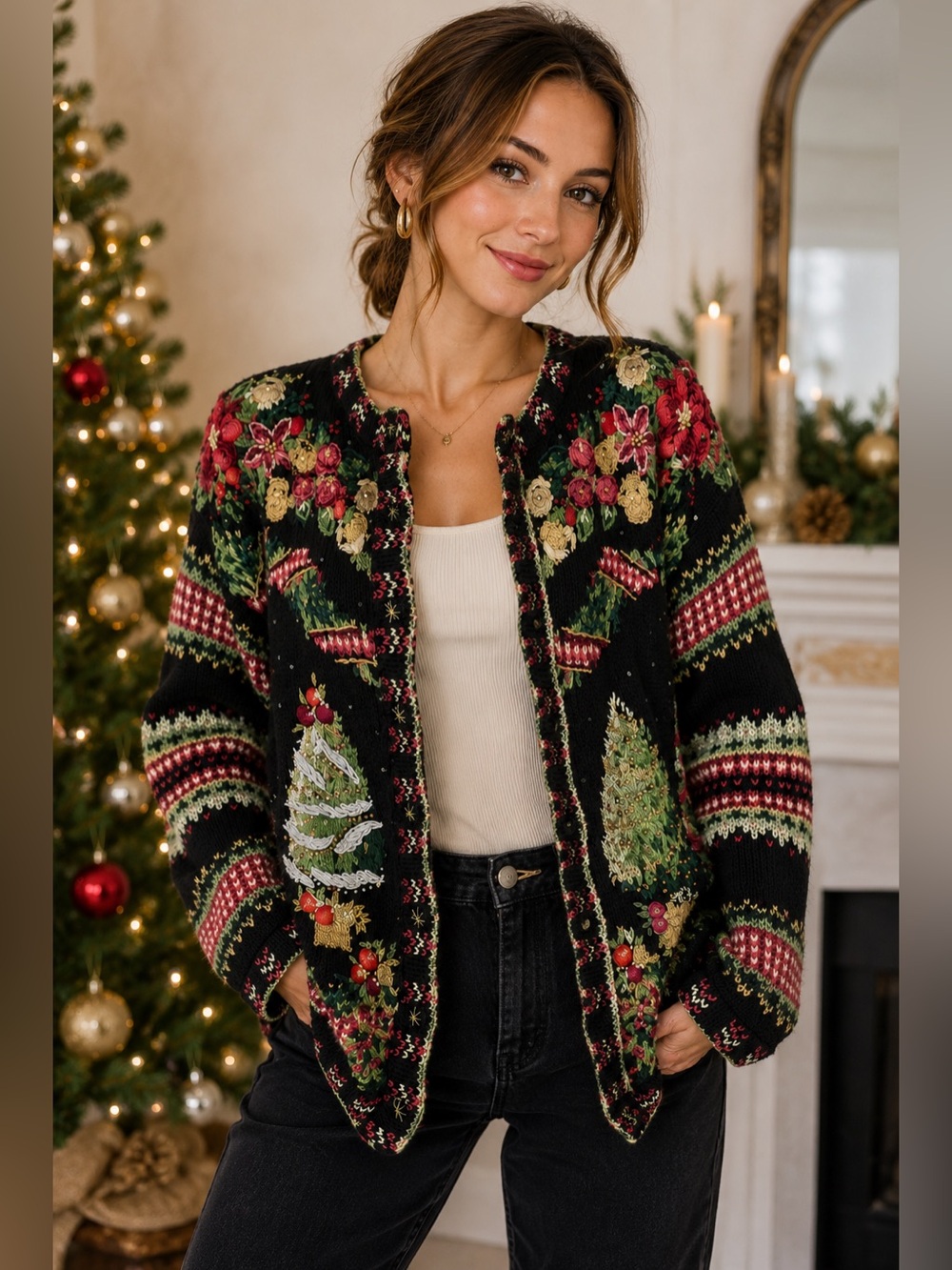 Vintage Tiara International Beaded Christmas Cardigan Sweater Small Holiday
